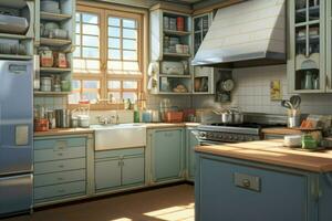 Kitchen indoor anime visual novel game. Generate Ai photo