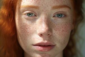 un cerca arriba de un mujer con pecas ai generado foto