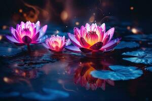 Beautiful pink water lily or lotus flower on dark background AI Generated photo