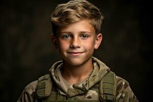 retrato de un linda pequeño chico en militar uniforme en oscuro antecedentes ai generado foto