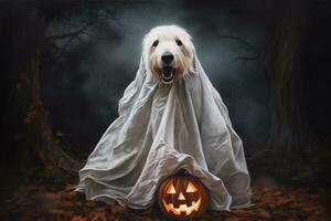 Halloween theme. dog in ghost costume with pumpkins on dark background AI Generated photo