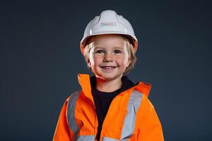 Portrait of a cute little boy in a construction helmet AI Generated photo