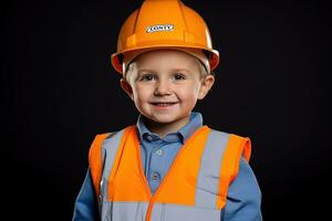 retrato de un linda pequeño chico en un construcción casco ai generado foto