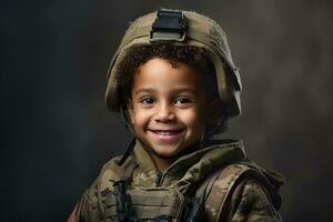 retrato de un linda pequeño chico en militar uniforme en oscuro antecedentes ai generado foto