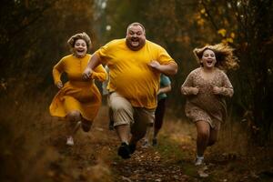 Cheerful fat family run. Generate Ai photo