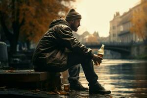 hombre calma se sienta con cerveza. generar ai foto