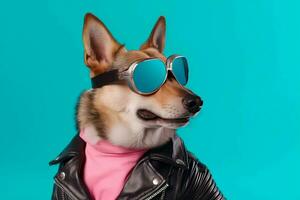 Dog sunglasses leather jacket. Generate Ai photo