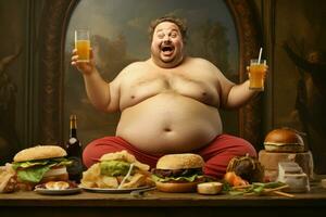 Fat man eats burger and drinks soda. Generate Ai photo