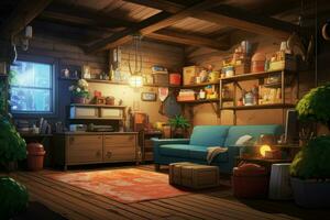 Basement sofa anime visual novel game. Generate Ai photo