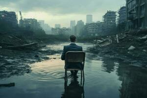 Man sits chair city river. Generate Ai photo