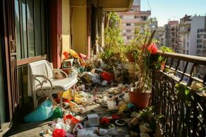 European plants rubbish balcony. Generate Ai photo