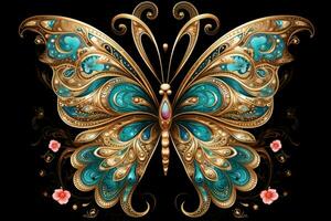 Gold painted butterfly decor. Generate Ai photo