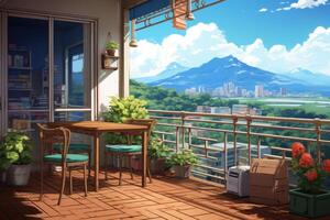 Balcony landscape anime visual novel game. Generate Ai photo