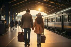 Young couple train station sunset. Generate Ai photo