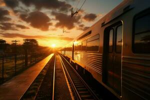 tren salir detener puesta de sol. generar ai foto
