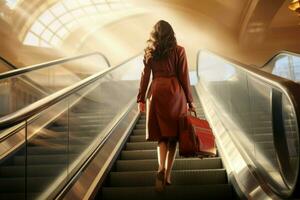 Woman luggage up escalator. Generate Ai photo