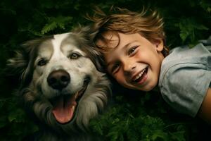 Boy laughing with dog. Generate Ai photo