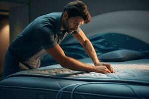 Man adjusting mattress. Generate Ai photo