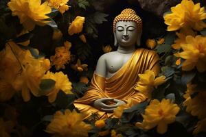 a golden buddha statue surrounded by flowers AI Generated photo