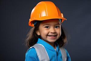 retrato de un sonriente pequeño niña en un construcción casco ai generado foto