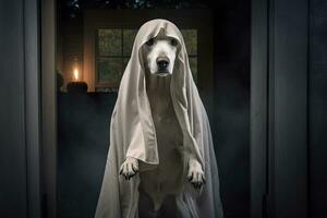 Halloween theme. dog in ghost costume with pumpkins on dark background AI Generated photo