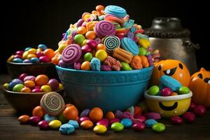 Ai Generated. Halloween candies and sweets on dark background photo