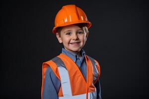 Portrait of a cute little boy in a construction helmet AI Generated photo