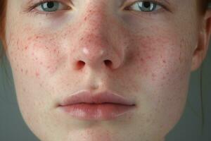 a close up of a woman with freckles AI generated photo