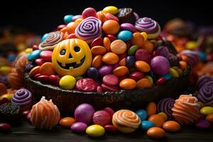 Ai Generated. Halloween candies and sweets on dark background photo