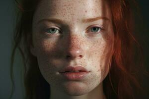 a close up of a woman with freckles AI generated photo