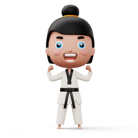 Happy child taekwondo, fighter girl wear taekwondo uniform, kid character, 3d rendering png