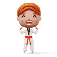 Happy child taekwondo, fighter boy wear taekwondo uniform, kid character, 3d rendering png