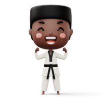 Happy child taekwondo, fighter boy wear taekwondo uniform, kid character, 3d rendering png