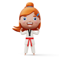 Happy child taekwondo, fighter girl wear taekwondo uniform, kid character, 3d rendering png