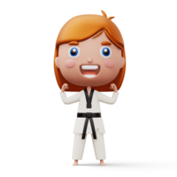 Happy child taekwondo, fighter girl wear taekwondo uniform, kid character, 3d rendering png