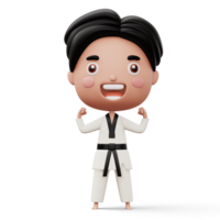 Happy child taekwondo, fighter boy wear taekwondo uniform, kid character, 3d rendering png