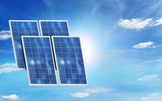 solar poder Generacion sistema desde solar paneles con Fresco cielo antecedentes en limpiar tecnología para un mejor futuro foto