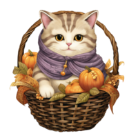 ai generativ süß mollig Katze mit Schal auf Korb Halloween Festival png