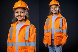 Portrait of a smiling little girl in a construction helmet photo