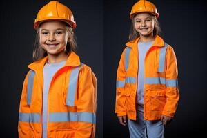 retrato de un sonriente pequeño niña en un construcción casco ai generado foto