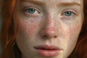 a close up of a woman with freckles,rosacea couperose redness skin AI generated photo