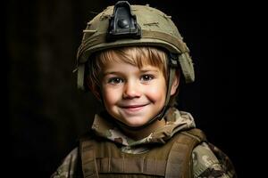 retrato de un linda pequeño chico en militar uniforme en oscuro antecedentes ai generado foto