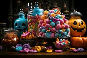 Ai Generated. Halloween candies and sweets on dark background photo