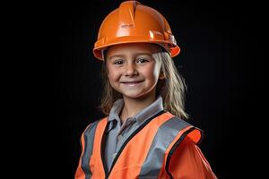 retrato de un sonriente pequeño niña en un construcción casco ai generado foto