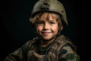 retrato de un linda pequeño chico en militar uniforme en oscuro antecedentes ai generado foto