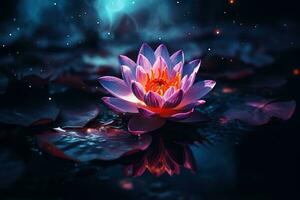 Beautiful pink water lily or lotus flower on dark background AI Generated photo