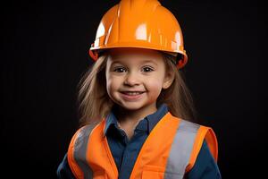 retrato de un sonriente pequeño niña en un construcción casco ai generado foto