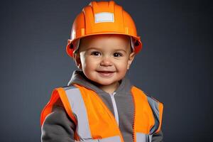 retrato de un linda pequeño chico en un construcción casco ai generado foto