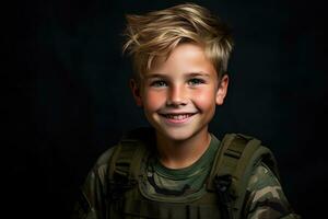 retrato de un linda pequeño chico en militar uniforme en oscuro antecedentes ai generado foto