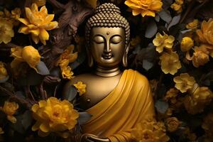 a golden buddha statue surrounded by flowers AI Generated photo